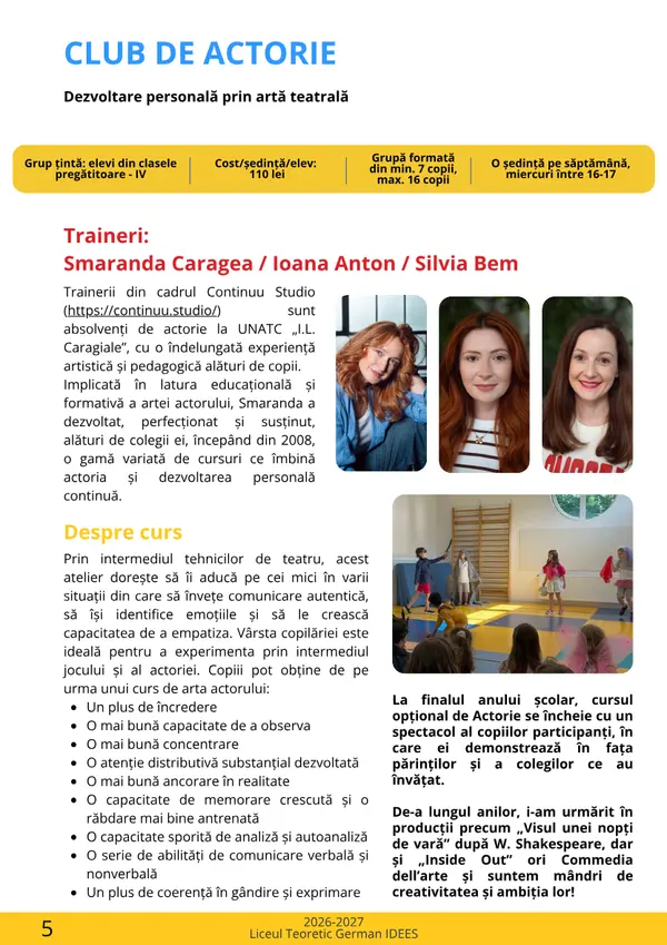 Prima pagină din broșura cursului Club de Actorie „Continuu Studio”