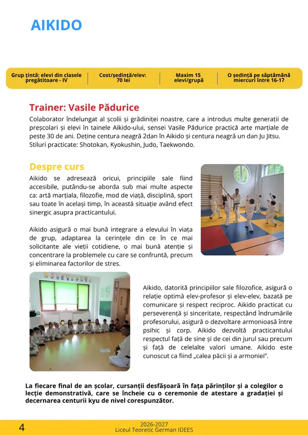 Prima pagină din broșura cursului Aikido