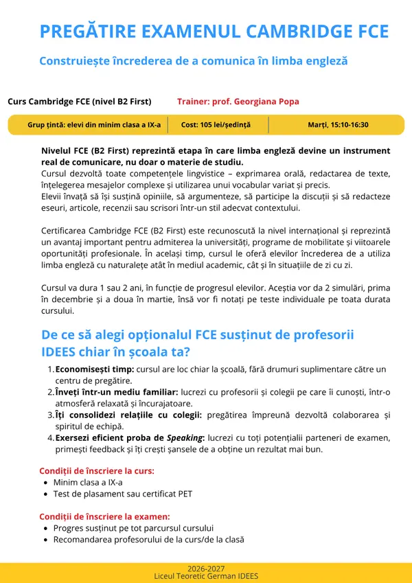 Prima pagină din broșura cursului Cambridge FCE