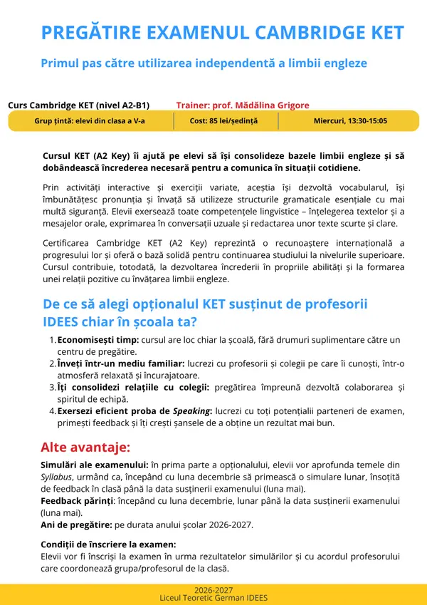 Prima pagină din broșura cursului Cambridge KET