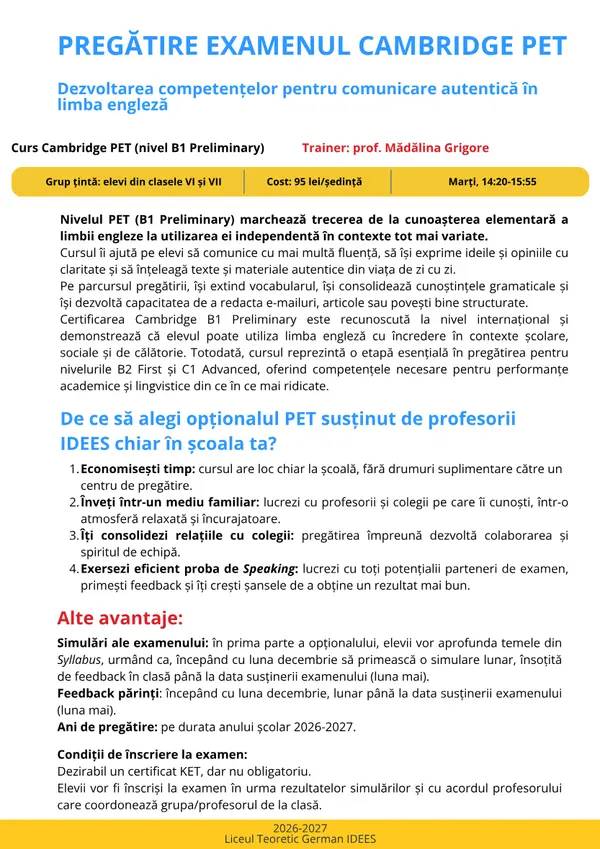 Prima pagină din broșura cursului Cambridge PET