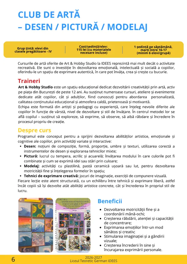 Prima pagină din broșura cursului Club de artă „Art & Hobby Studio”