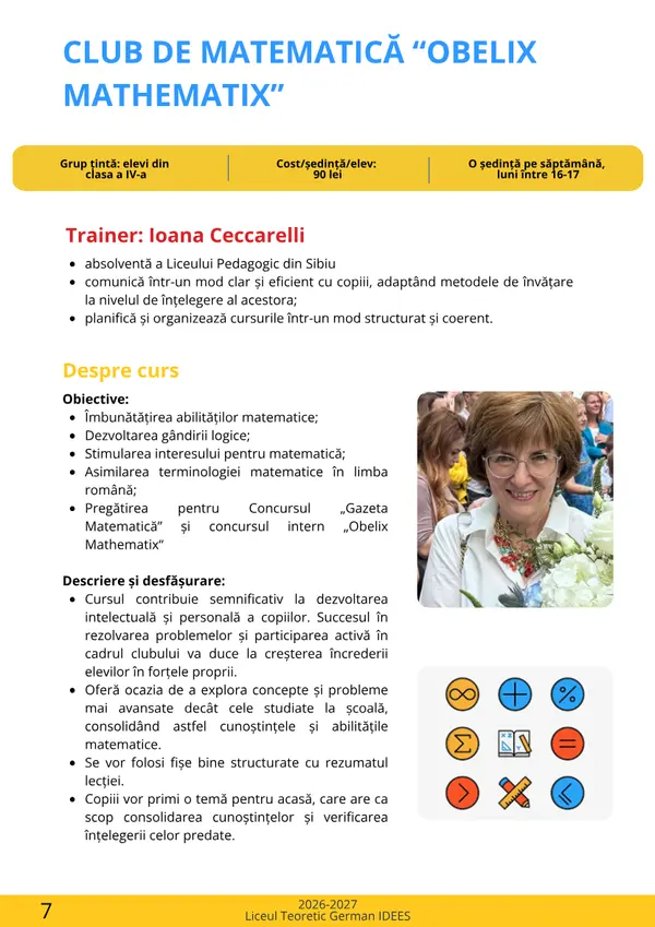 Prima pagină din broșura cursului Club de matematică „Obelix Mathematix”