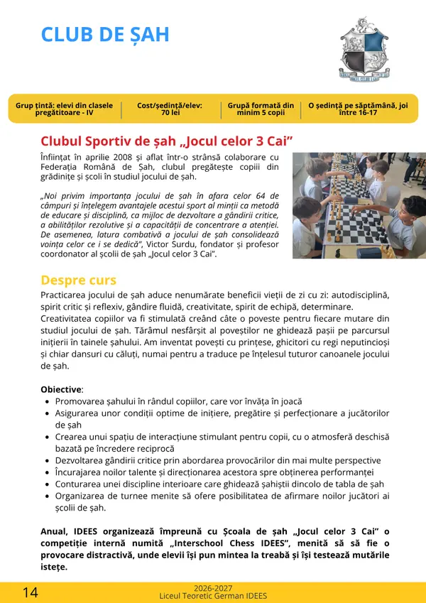 Prima pagină din broșura cursului Club de șah