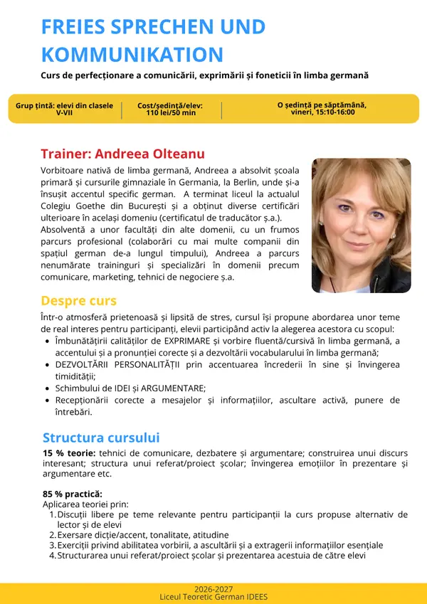 Prima pagină din broșura cursului Freies Sprechen und Kommunikation