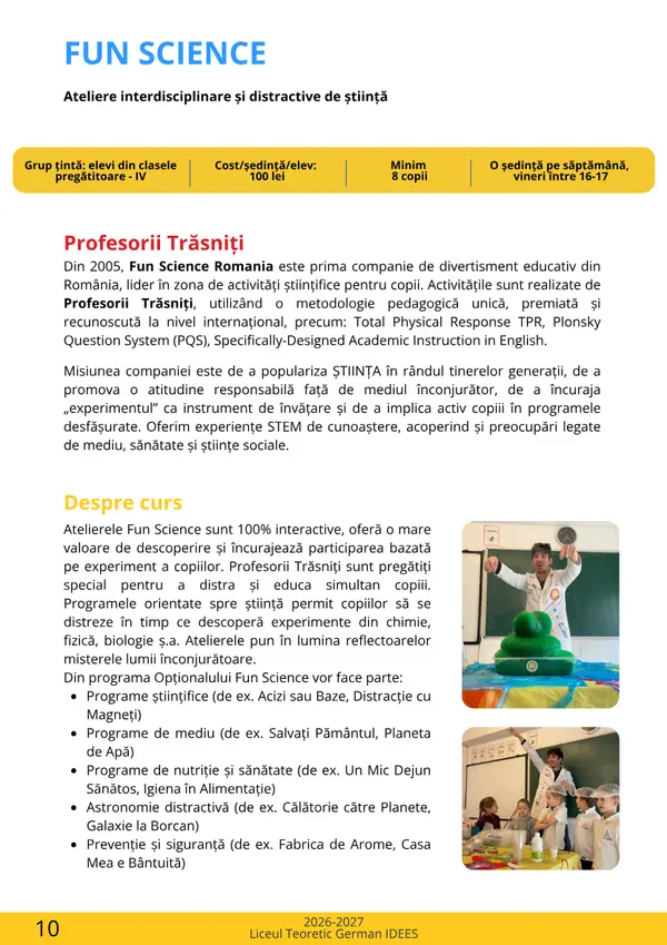 Prima pagină din broșura cursului Fun Science – Profesorii Trăsniți