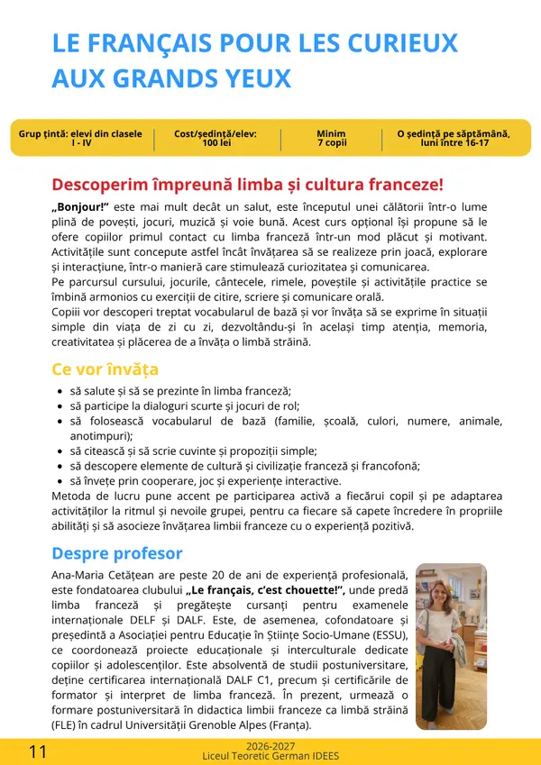 Prima pagină din broșura cursului Le français pour les curieux aux grands yeux – Limba franceză