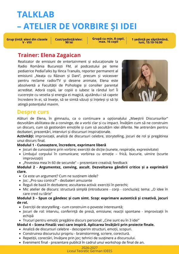 Prima pagină din broșura cursului Talklab