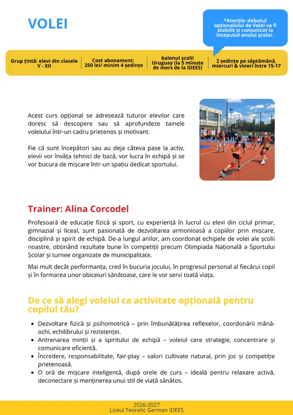 Prima pagină din broșura cursului Volei