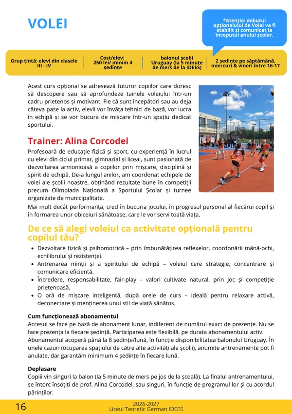 Prima pagină din broșura cursului Volei @ Uruguay