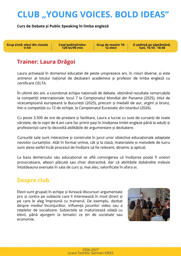 Prima pagină din broșura cursului Club „Young Voices. Bold Ideas”